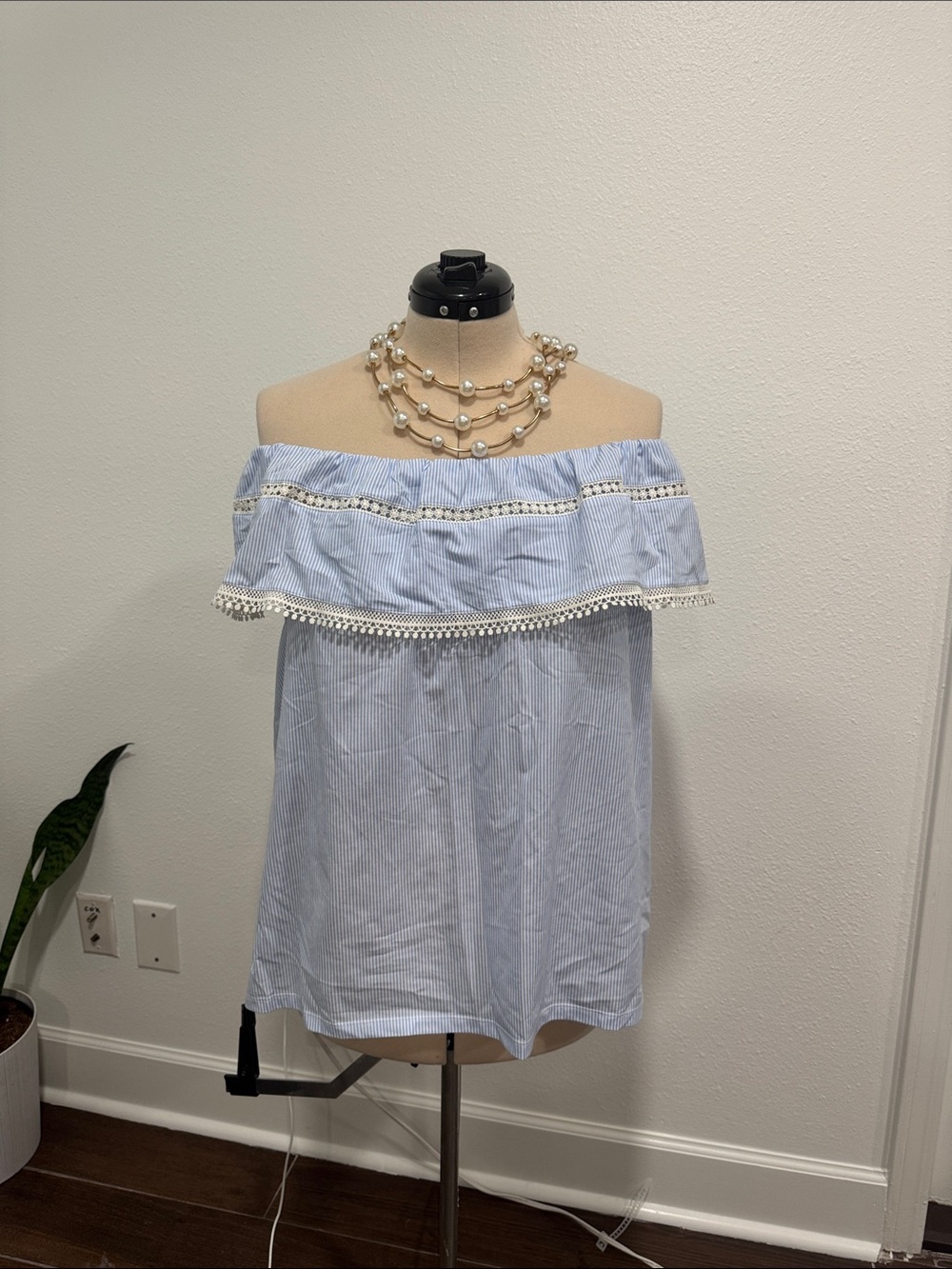 Ann Taylor Light Blue & White Off-Shoulder Ruffle Blouse